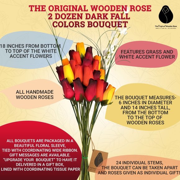 2 Dozen Dark Fall Harvest Colors Yellows, Oranges, Reds The Original Wooden Rose - Picture 2 of 8